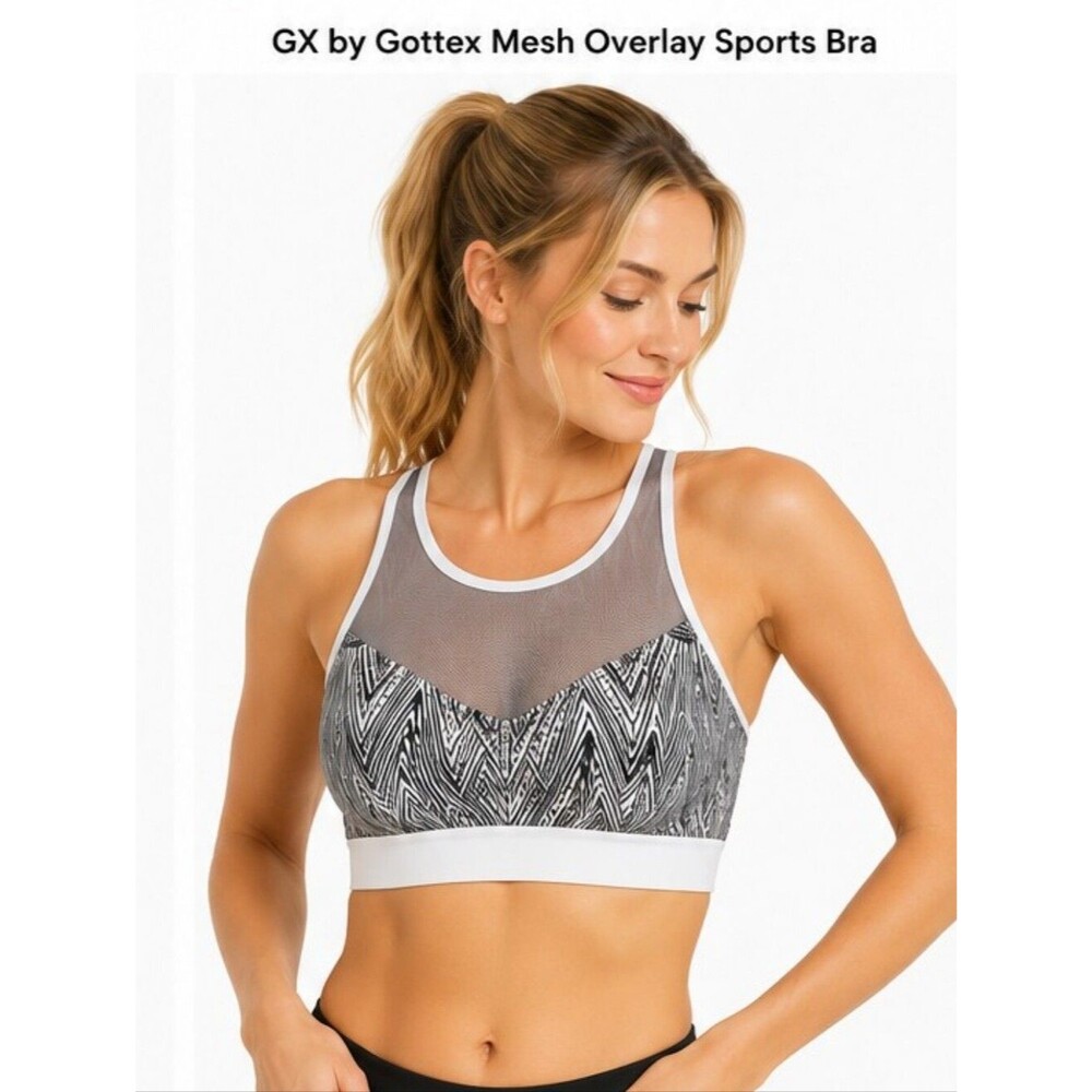 GX by Gottex Mesh Overlay High-Neck Printed Sports Bra Black White Size M